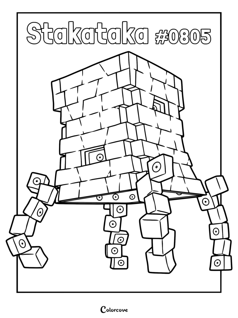 A printable Stakataka coloring page featuring the blocky Ultra Beast with numerous eyes on its stone cube segments.