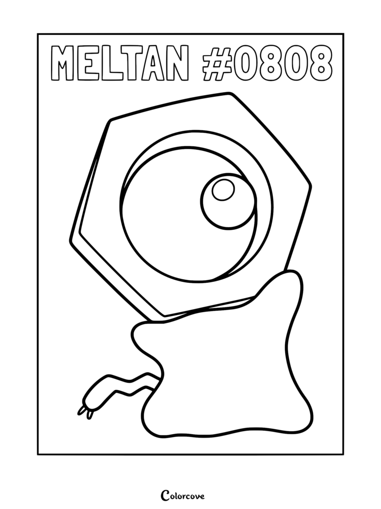 A printable Meltan coloring page featuring the hexagonal nut-headed Pokemon with its single eye and liquid-like body, clear bold outlines for easy coloring.