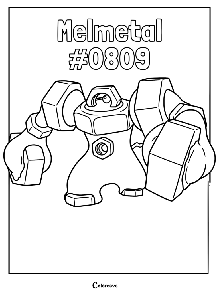 Melmetal, a powerful Steel-type Pokemon, presented as a clear line art coloring page with its signature hex nut head and massive bolted arms.