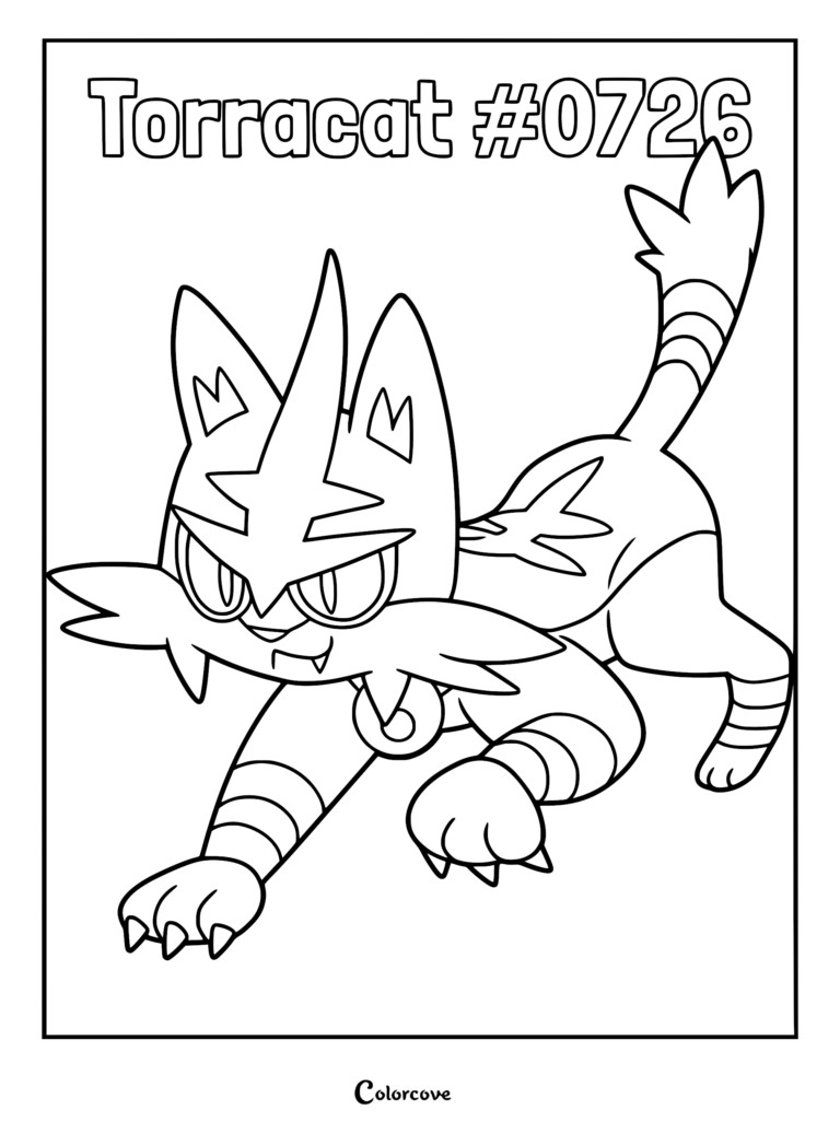 A detailed printable Torracat coloring page featuring the fire-type Pokemon in a pouncing stance with its signature bell collar visible.