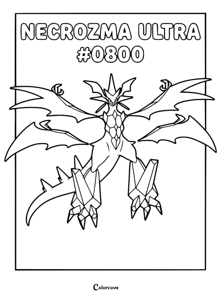 Ultra Necrozma Pokemon coloring page featuring the legendary dragon-like crystalline creature with expansive wings and jagged limbs.