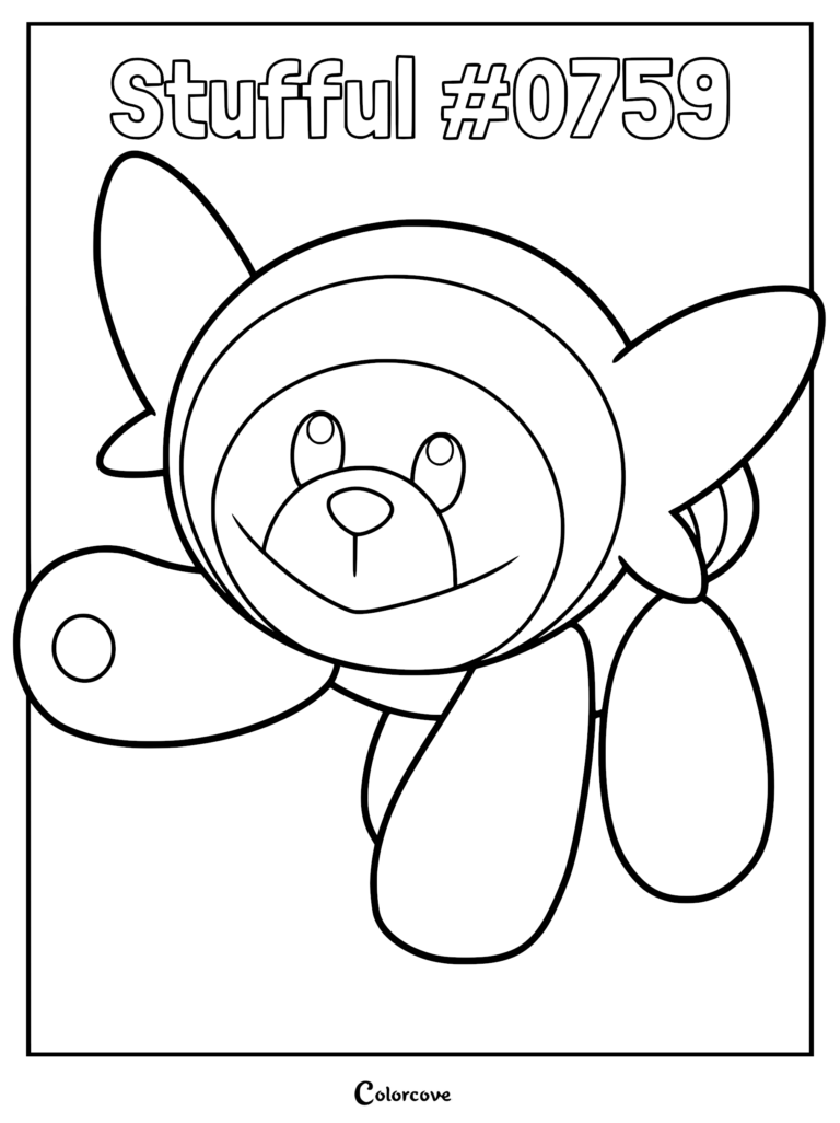 Printable Stufful coloring page featuring the Alolan bear-like Pokémon with its signature tag-like tail and round ears.