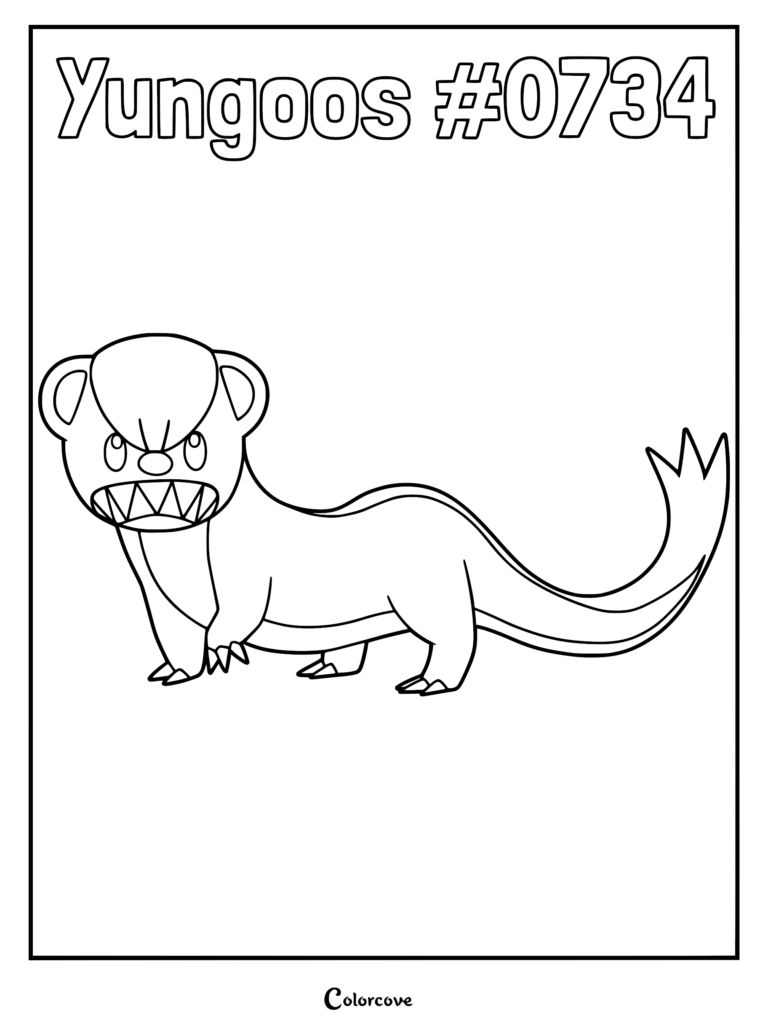 A printable Yungoos coloring page featuring the Alolan Pokémon with a determined expression, sharp teeth, and its signature arched tail.