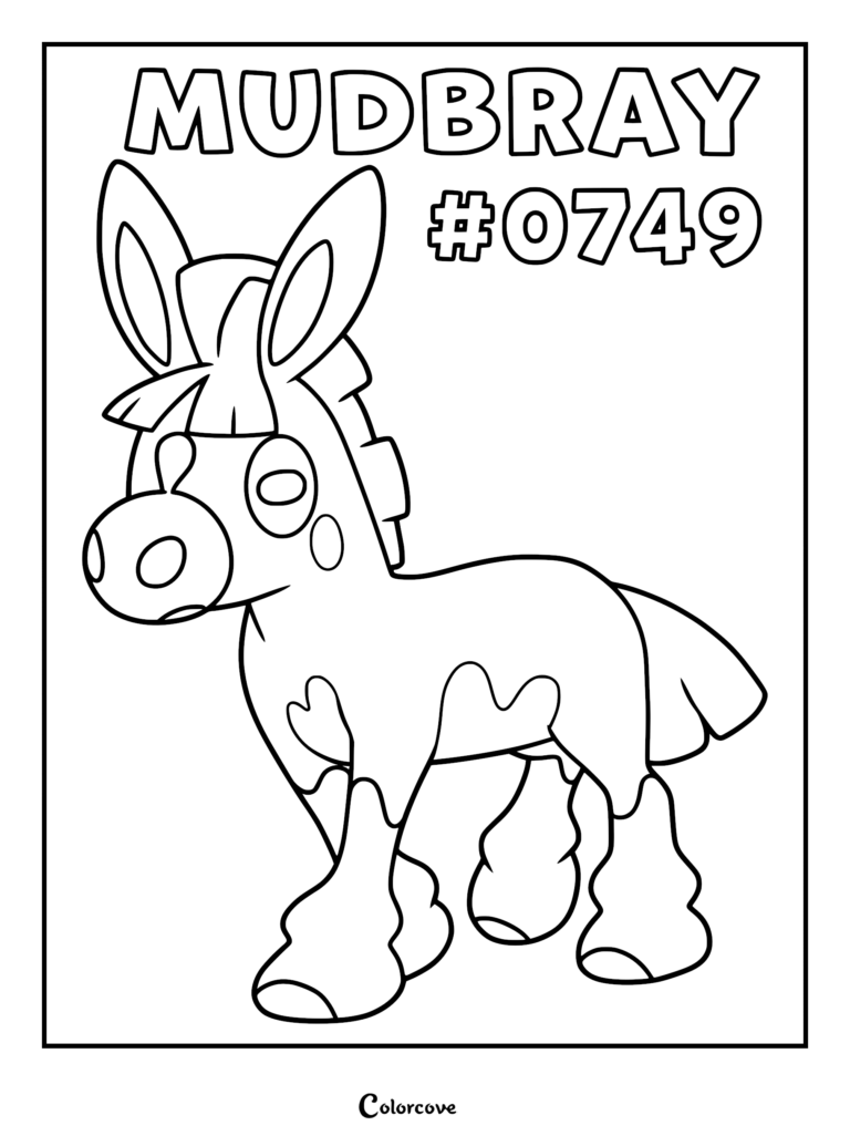 Mudbray Pokemon Alola coloring page featuring the donkey-like creature standing sideways with large ears and distinctive markings.