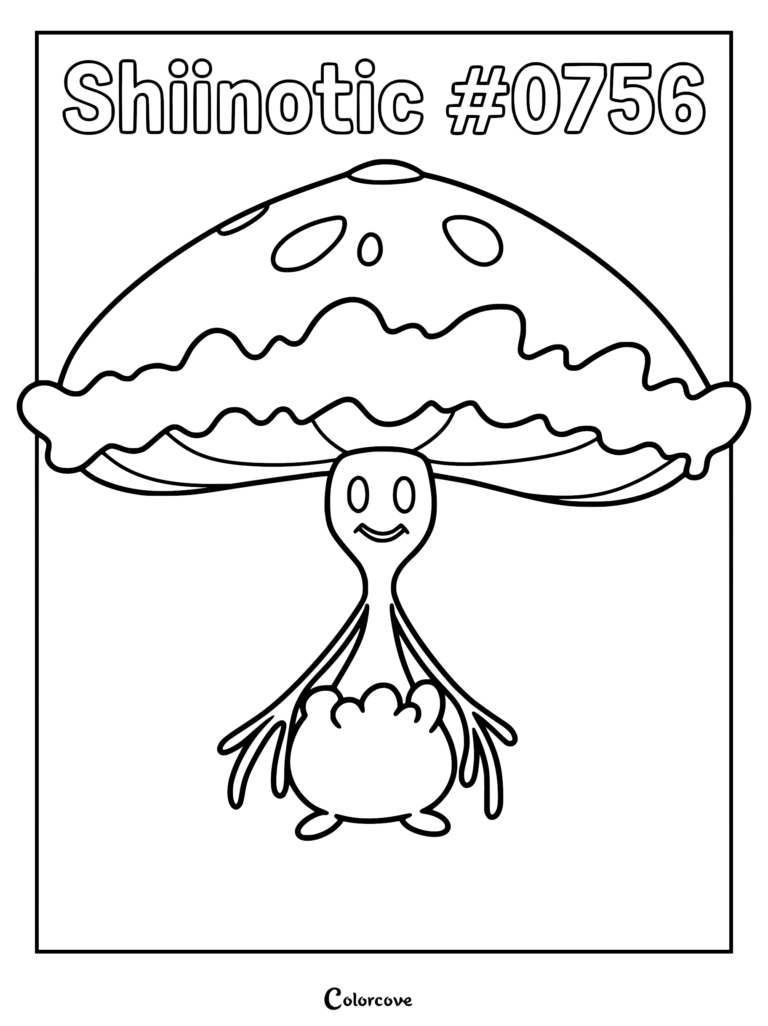 Shiinotic Pokemon Alola coloring page featuring the mushroom-like creature with a large umbrella cap and slender arms.