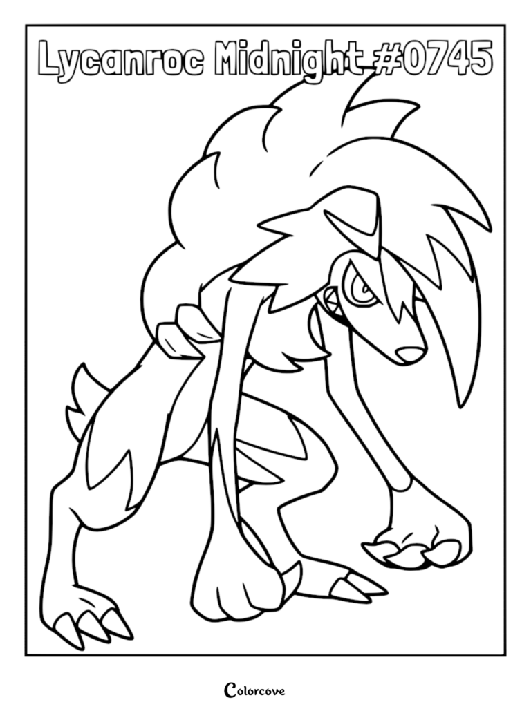 A detailed Pokemon Alola Lycanroc Midnight Form coloring page featuring its signature large mane and aggressive standing pose.