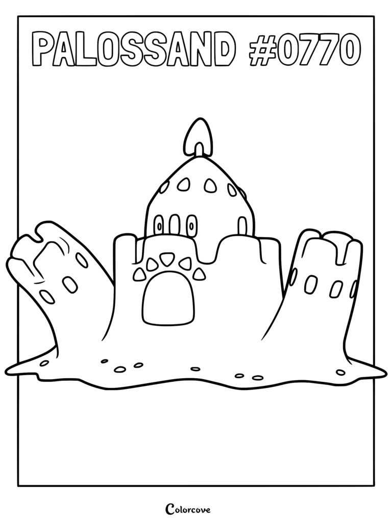A printable Palossand coloring page featuring the ghost-ground type Alolan sandcastle Pokemon with its iconic shovel and sand mounds.