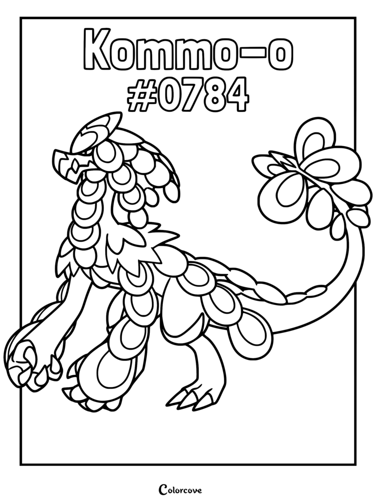 Kommo-o Pokemon Alola coloring page featuring the dragon-type creature with its signature layered scales and large rattle-like tail.