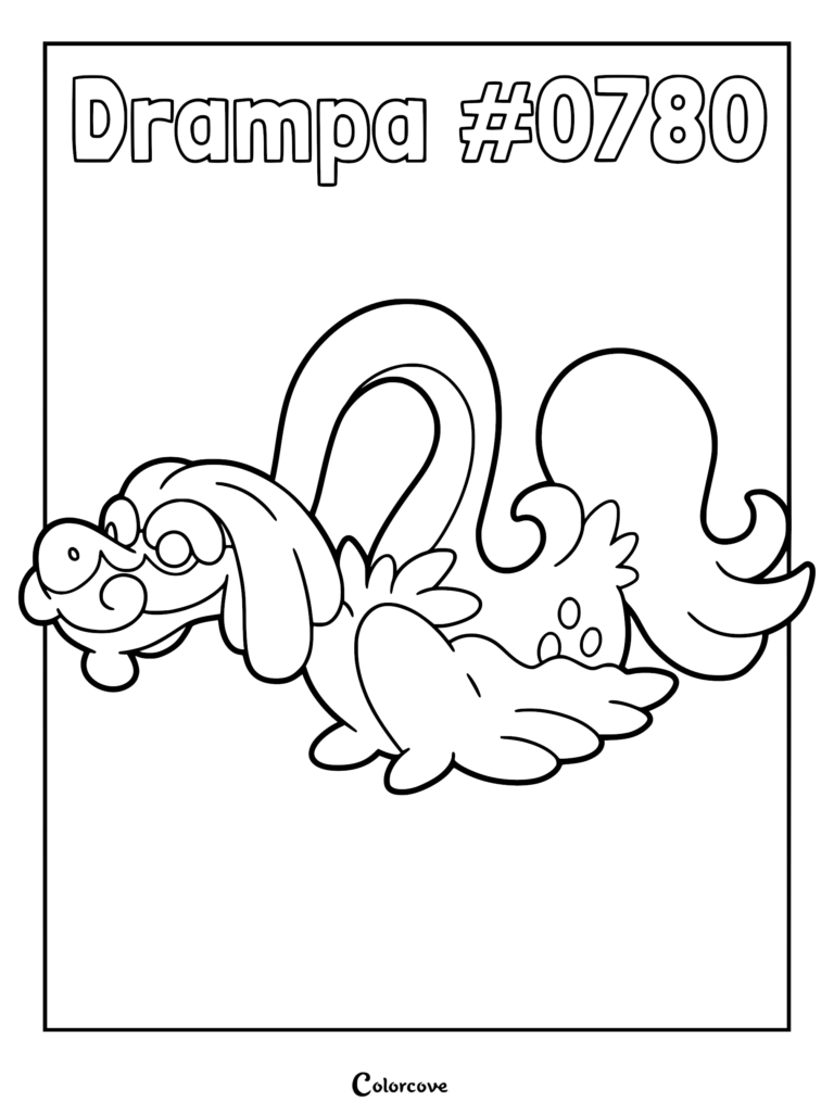 A printable coloring page featuring the Alolan Pokémon Drampa with its long, wavy cloud-like hair and dragon-like body in clear line art.