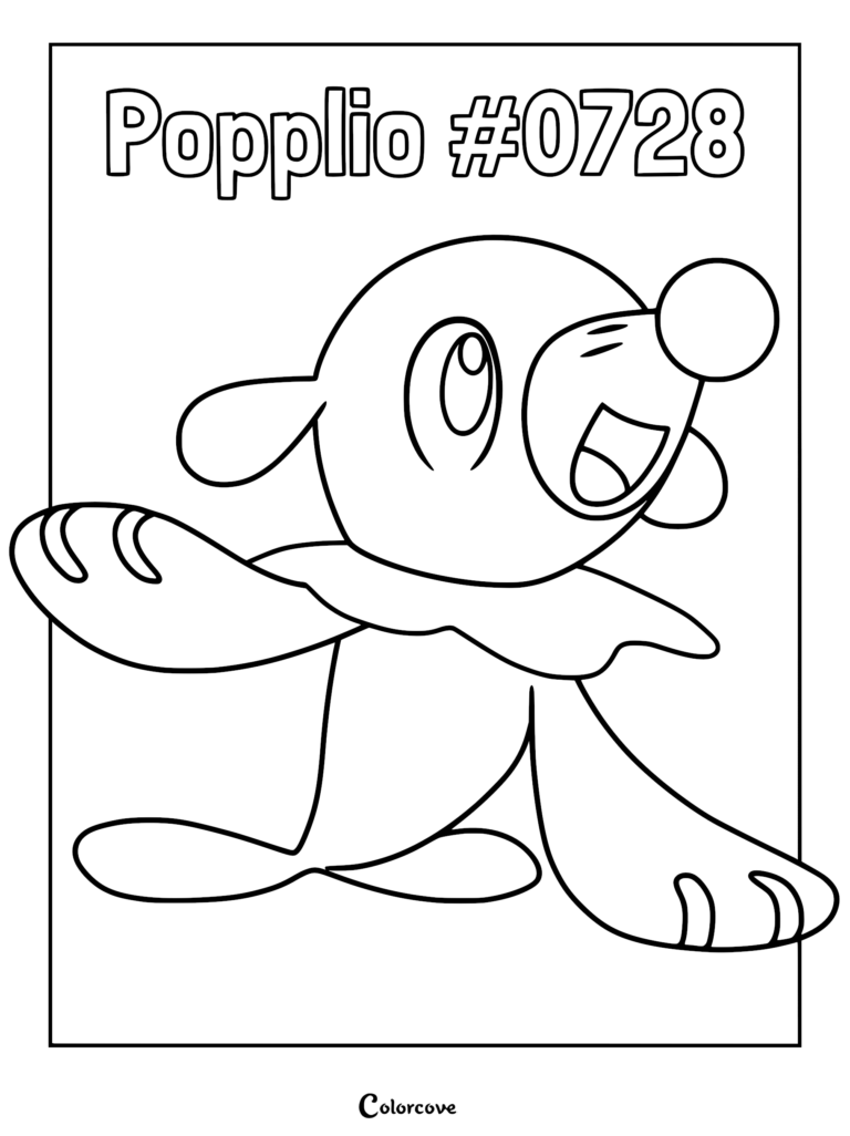 Popplio Pokemon Alola coloring page featuring the water-type seal character with a clown-like ruffle collar, large eyes, and a bubbly nose, rendered in bold black and white lines.