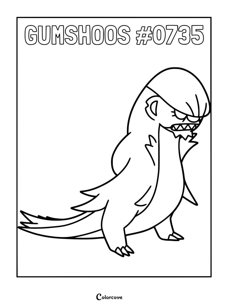 Gumshoos Pokemon Alola coloring page featuring the detective-like Alolan creature with its signature hair-like crest and jagged teeth.