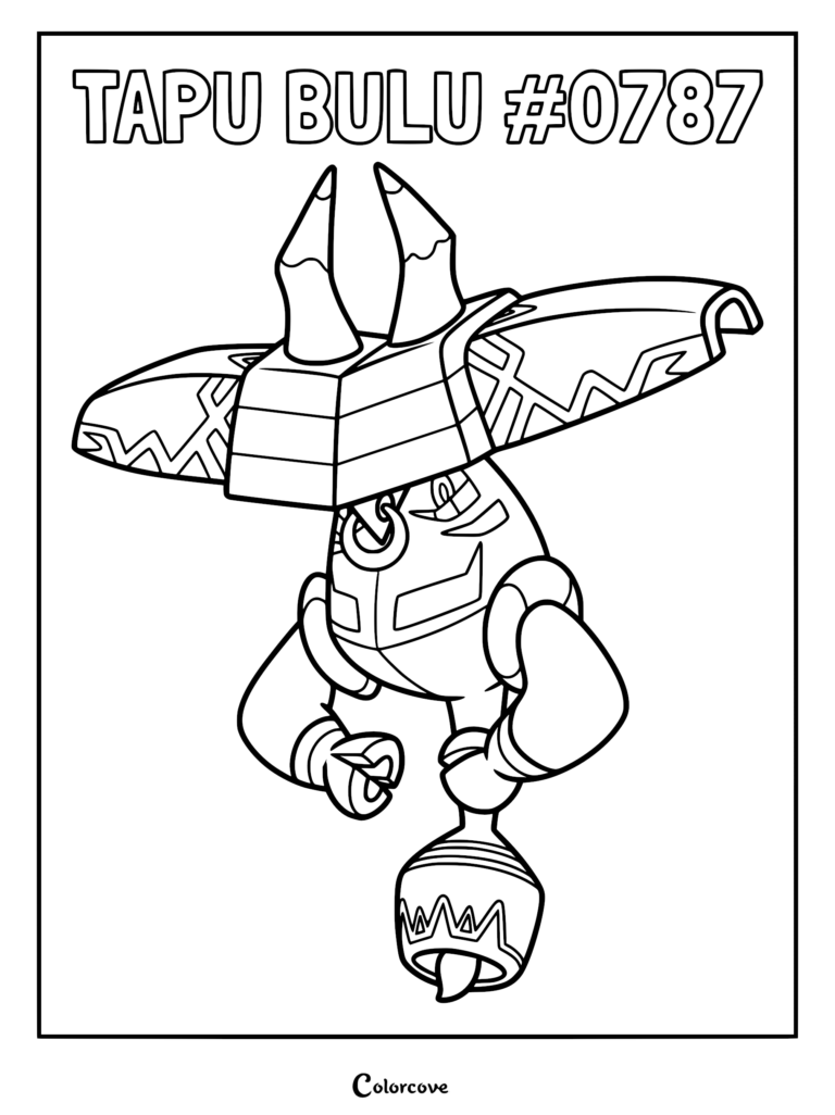 A detailed Pokemon Alola Tapu Bulu coloring page featuring the legendary Guardian deity with its signature horns and bell-shaped body.