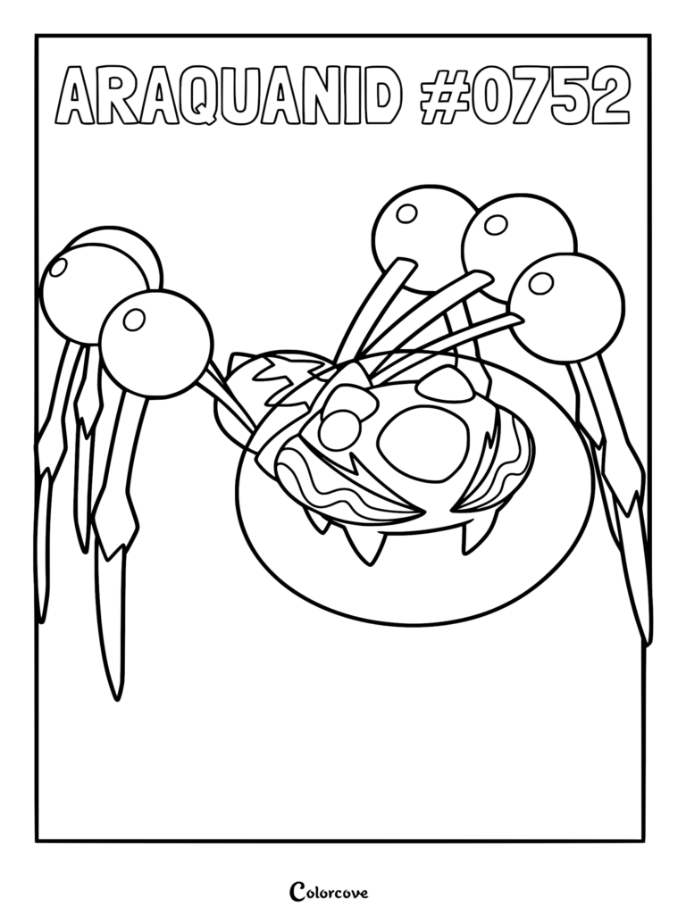 A detailed coloring page featuring Araquanid, the Alola water and bug-type Pokemon, with its large water bubble and long, spindly legs.