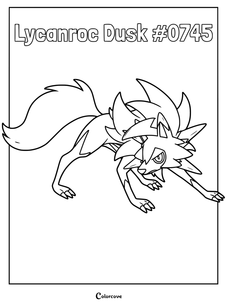 A detailed Lycanroc Dusk Form coloring page featuring the wolf-like Pokemon in an aggressive, low-stanced pouncing pose with spiky mane fur.