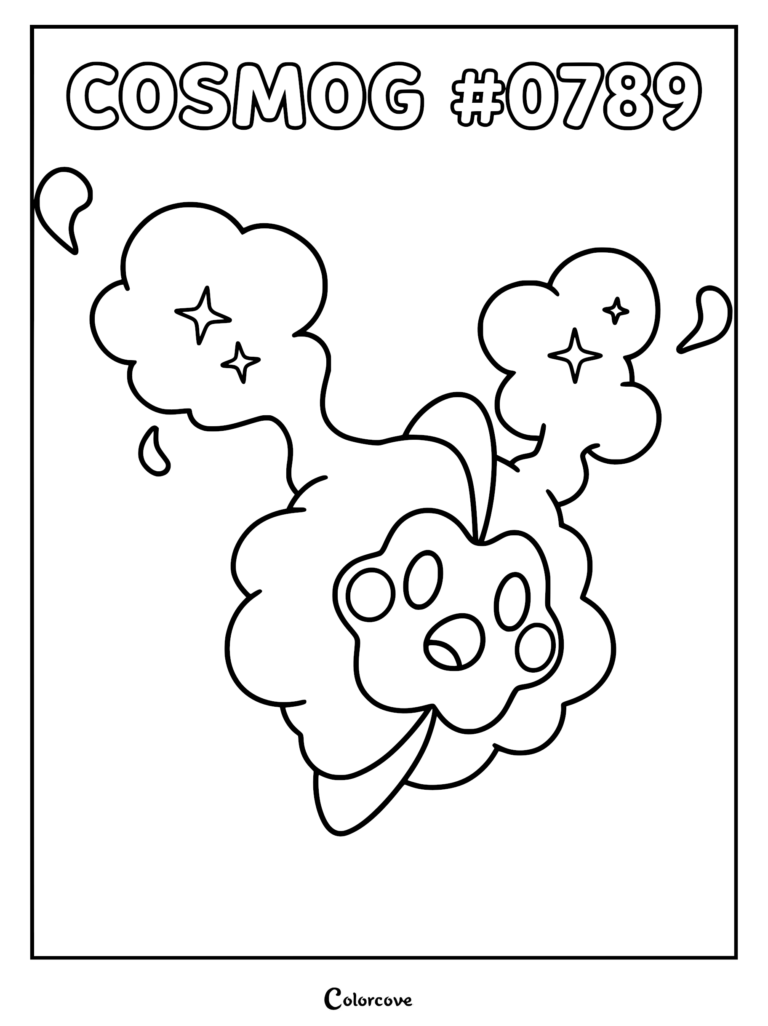 A printable coloring page featuring the nebula Pokémon Cosmog, showing its gaseous body and starry details.