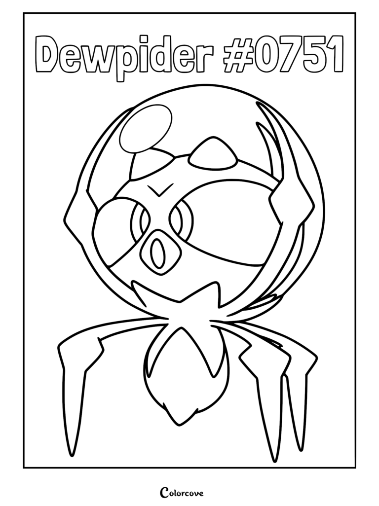 Dewpider inside its signature water bubble head, Alola Pokemon coloring page with bold black outlines.
