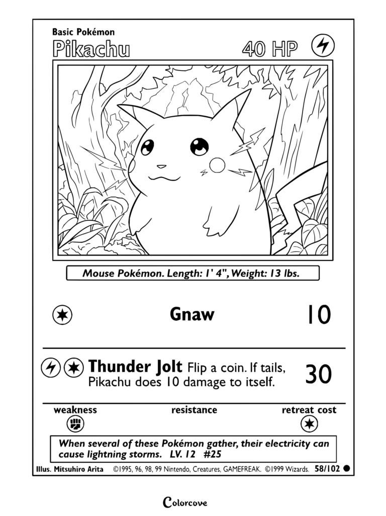 Page de coloriage de la carte Pokémon Pikachu Joues Rouges du Set de Base, 1999