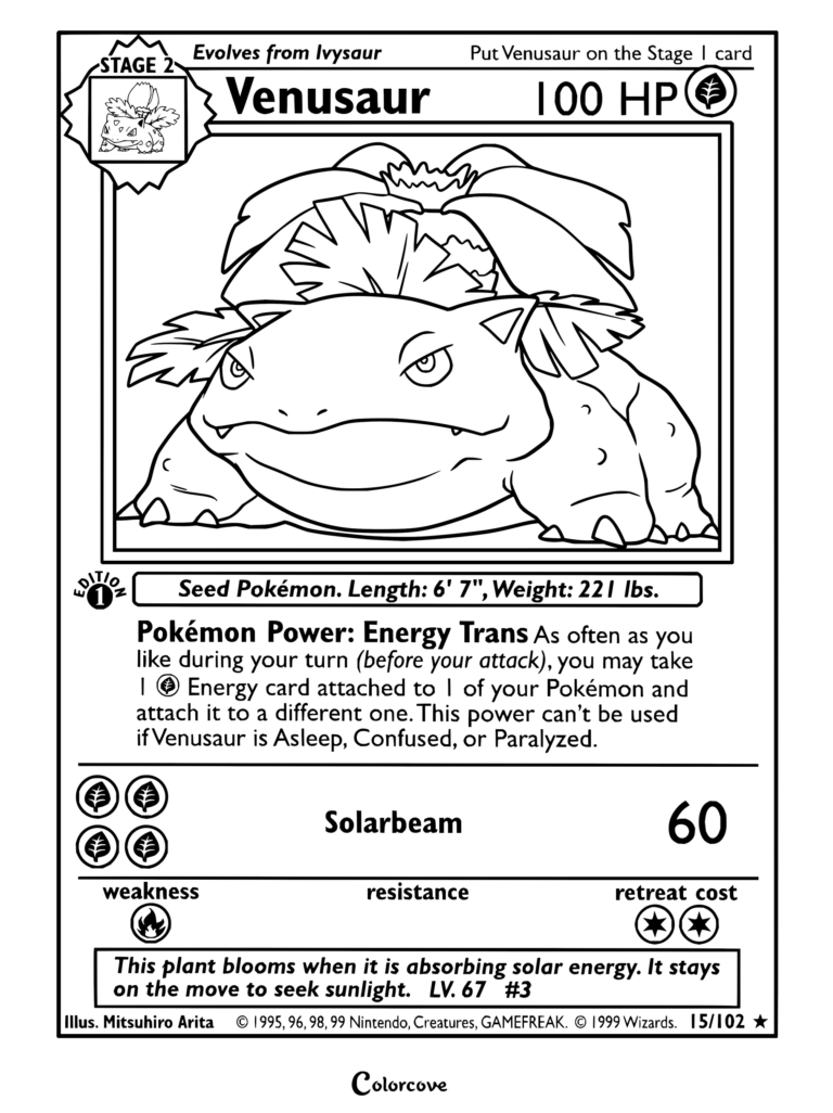 Page de coloriage de la carte Pokémon Florizarre du Set de Base, 1999