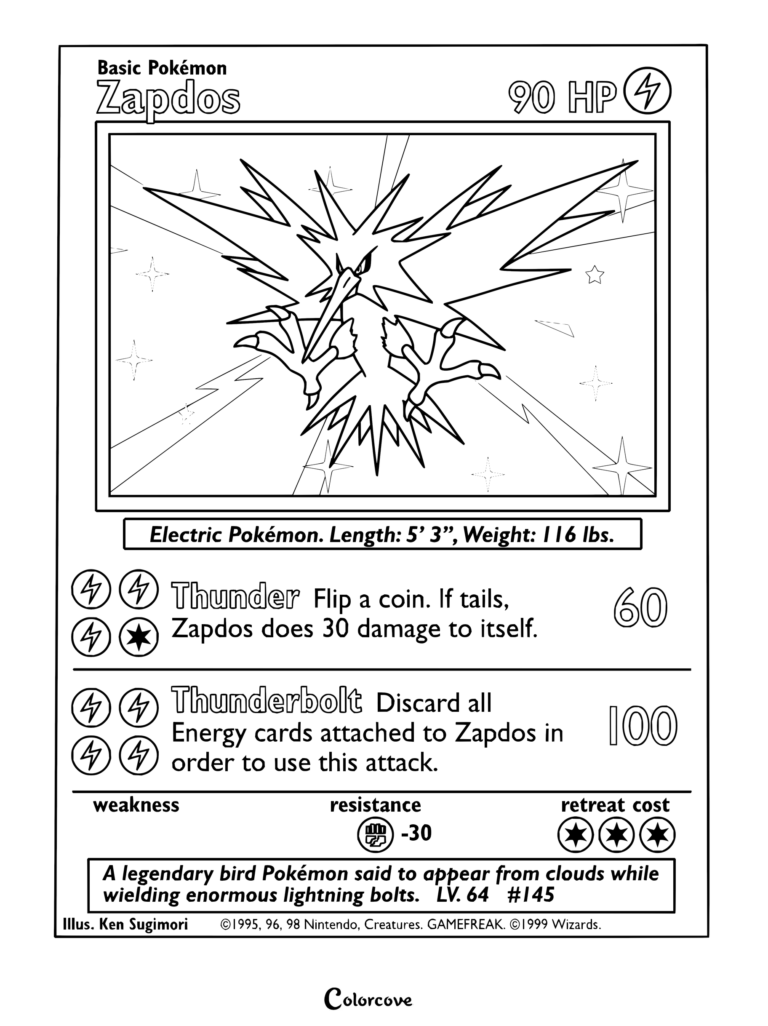 Page de coloriage de la carte Pokémon Électhor du Set de Base, 1999