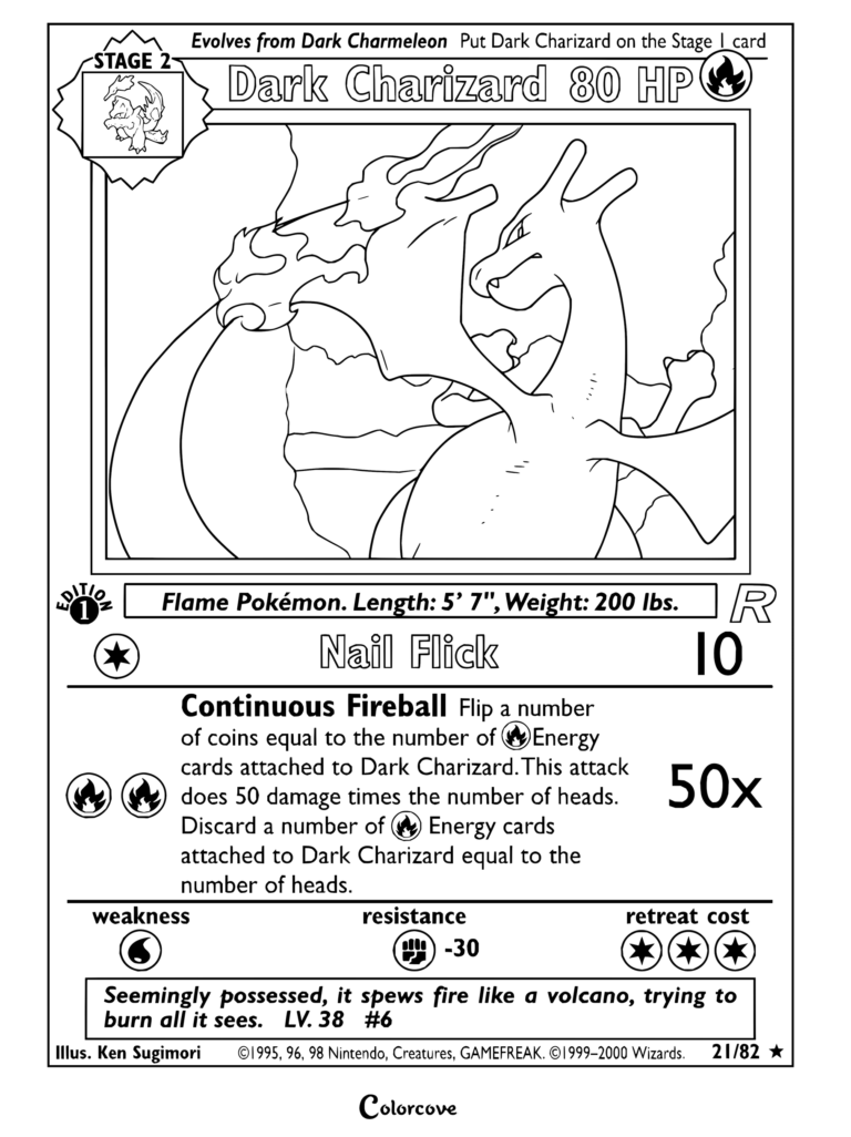 Page de coloriage de la carte Pokémon Dracaufeu Obscur de Team Rocket, 2000