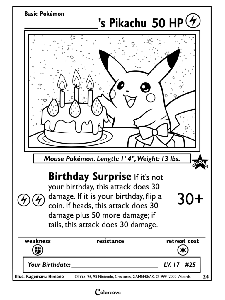 Page de coloriage de la carte Pokémon Pikachu Anniversaire de Wizards Black Star Promo 24, 2000