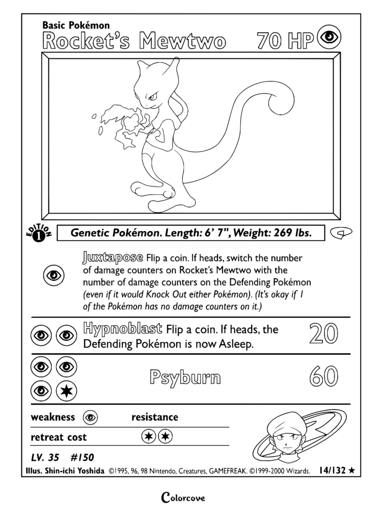 Page de coloriage de la carte Pokémon Mewtwo de Rocket de Gym Challenge, 2000