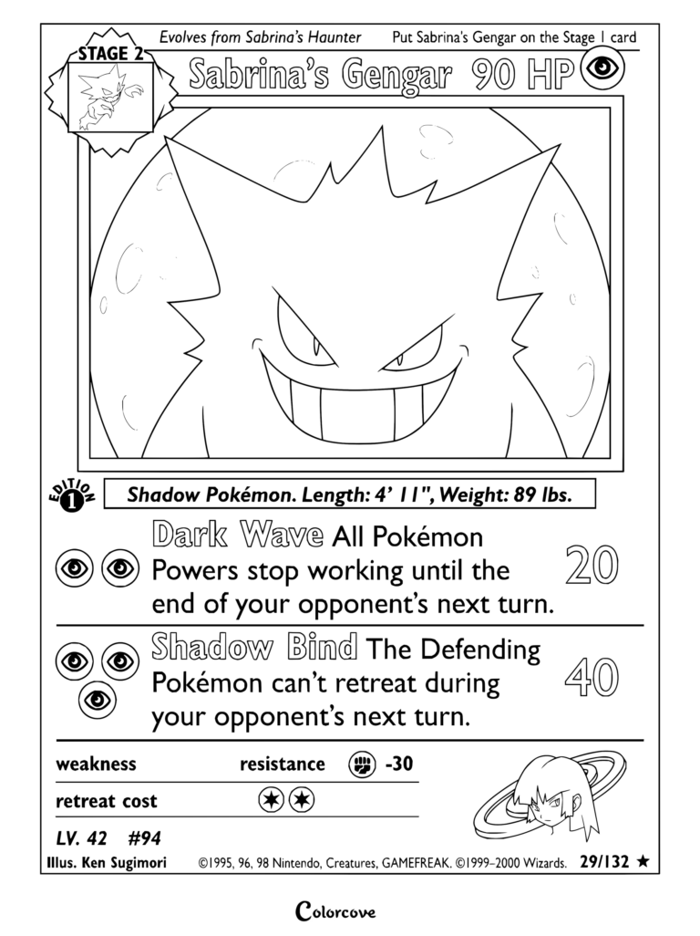 Page de coloriage de la carte Pokémon Ectoplasma de Sabrina de Gym Challenge, 2000