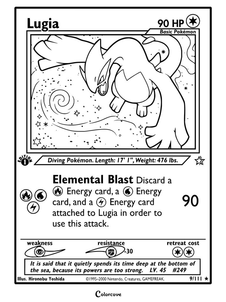 Page de coloriage de la carte Pokémon Lugia de Neo Genesis, 2000
