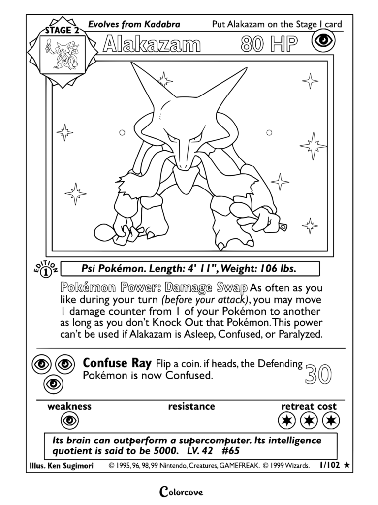 Page de coloriage de la carte Pokémon Alakazam du Set de Base, 1999