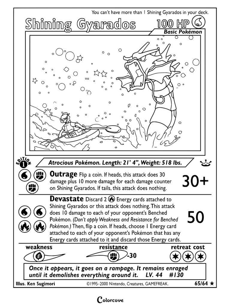 Page de coloriage de la carte Pokémon Léviator Brillant de Neo Revelation, 2001