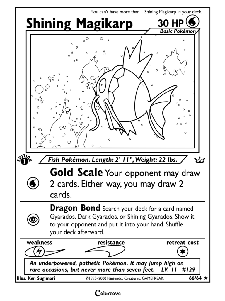 Page de coloriage de la carte Pokémon Magicarpe Brillant de Neo Revelation, 2001