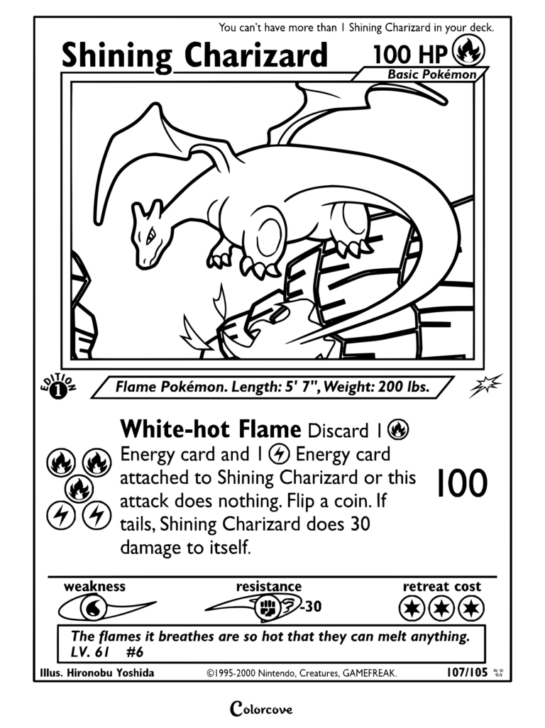 Page de coloriage de la carte Pokémon Dracaufeu Brillant de Neo Destiny, 2002