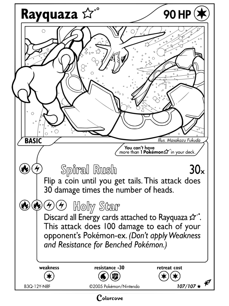 Page de coloriage de la carte Pokémon Rayquaza Gold Star d'EX Deoxys, 2005