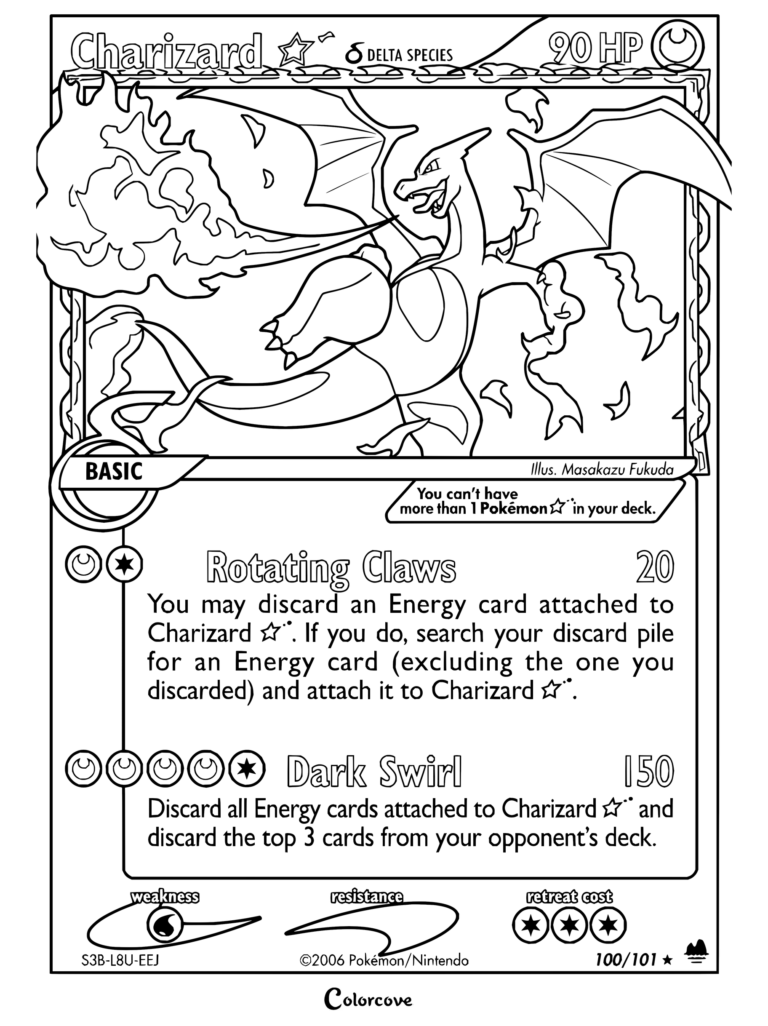 Page de coloriage de la carte Pokémon Dracaufeu Gold Star d'EX Dragon Frontiers, 2006