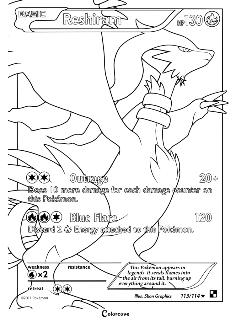 Page de coloriage de la carte Pokémon Reshiram Full Art de Black & White, 2011