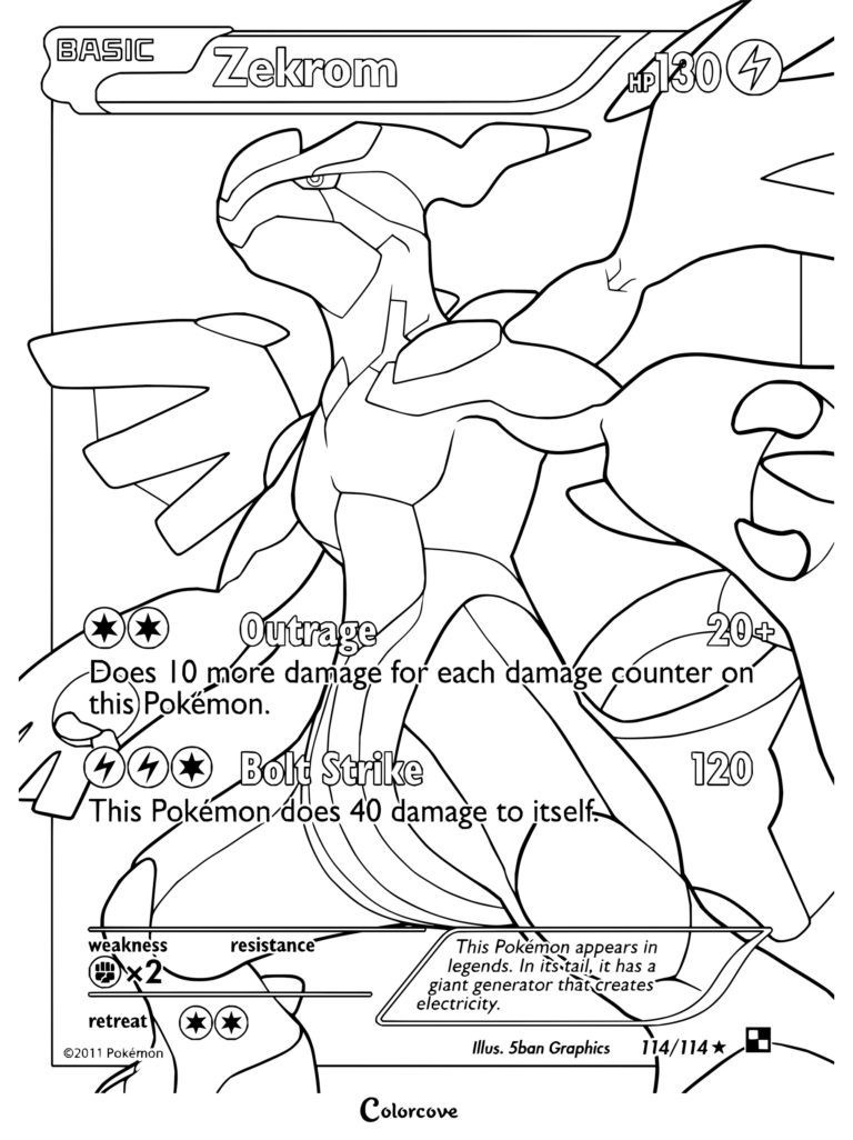 Page de coloriage de la carte Pokémon Zekrom Full Art de Black & White, 2011
