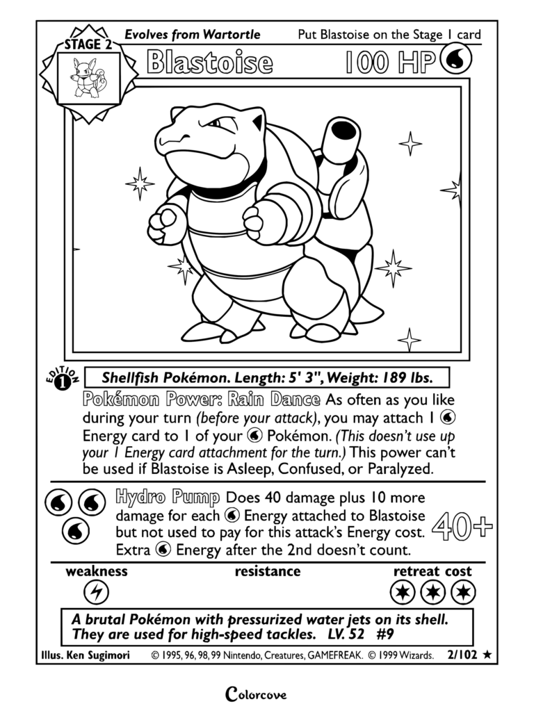 Page de coloriage de la carte Pokémon Tortank du Set de Base, 1999