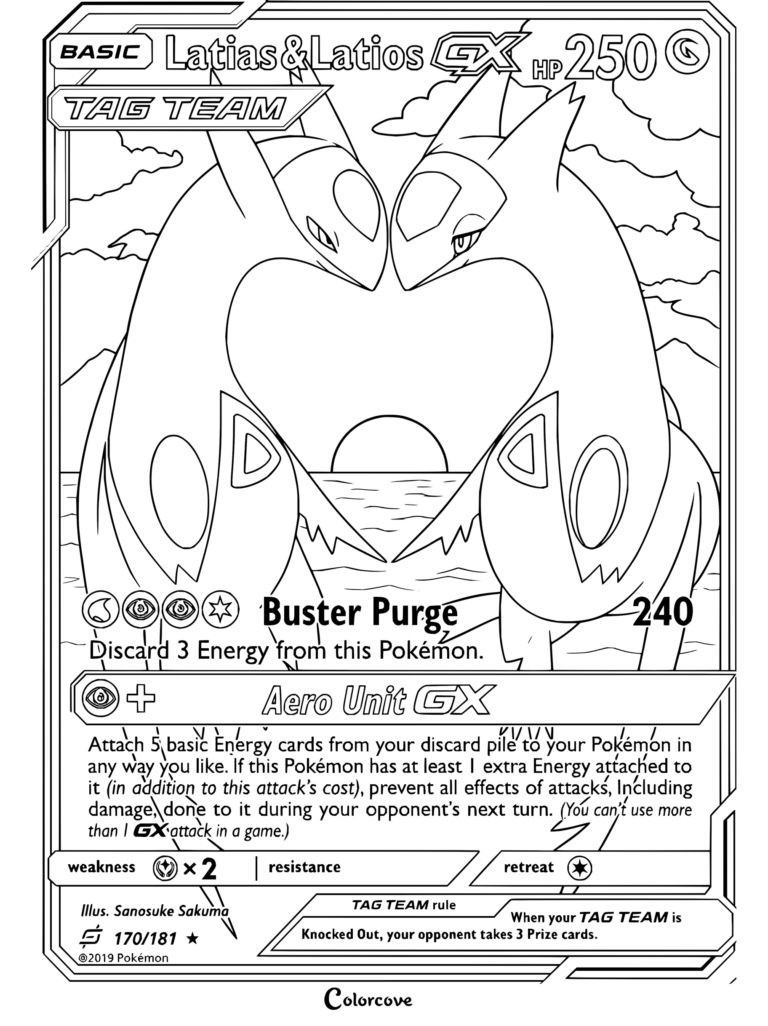 Page de coloriage de la carte Pokémon Latias & Latios-GX de Soleil & Lune—Team Up, 2019