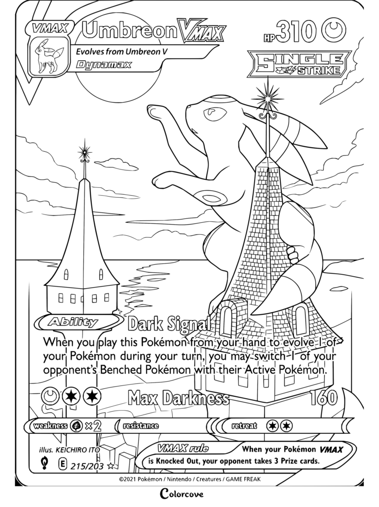 Page de coloriage de la carte Pokémon Noctali VMAX (Moonbreon) d'Épée & Bouclier—Évolution Céleste, 2021