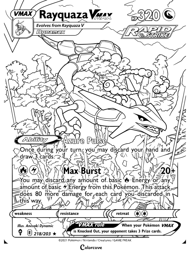 Page de coloriage de la carte Pokémon Rayquaza VMAX d'Épée & Bouclier—Évolution Céleste, 2021
