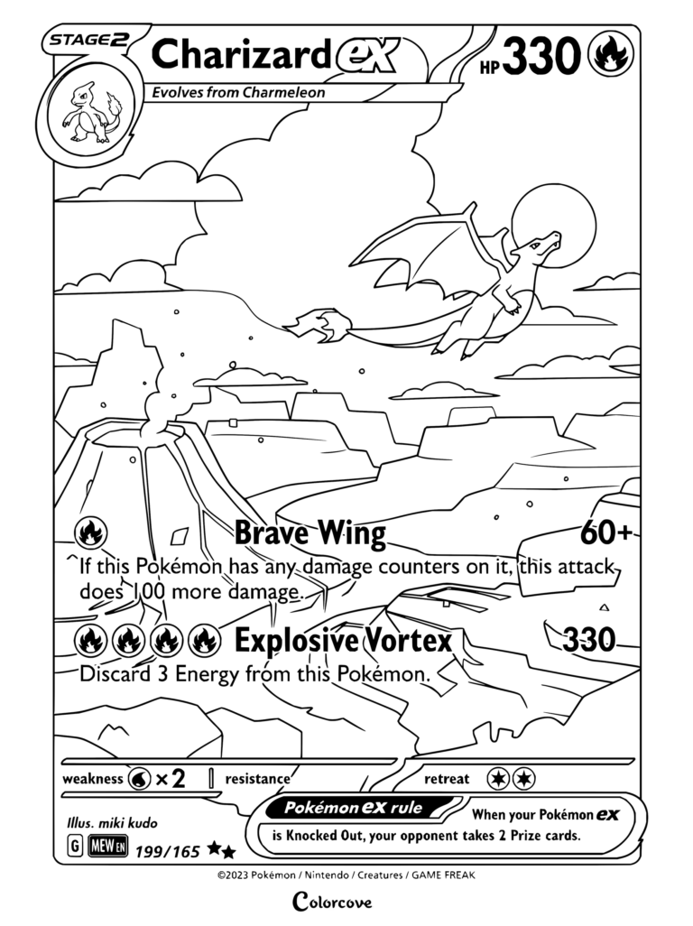 Coloriage de carte Dracaufeu ex Pokémon de Écarlate et Violet—151, 2023