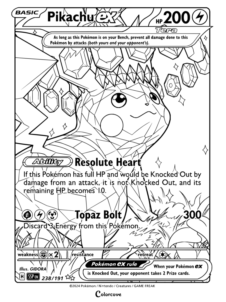 Coloriage de carte Pikachu ex Pokémon de Écarlate et Violet—Étincelles Surfaisantes, 2024