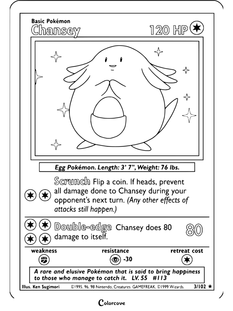 Page de coloriage de la carte Pokémon Leveinard du Set de Base, 1999