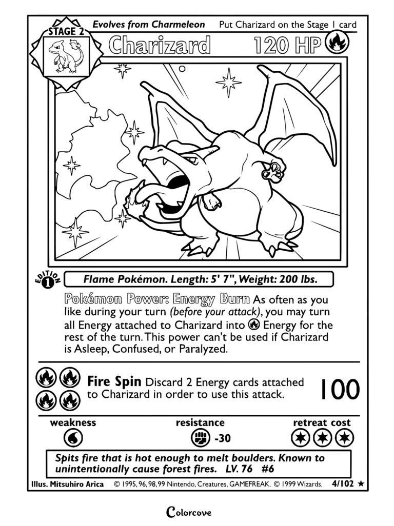 Page de coloriage de la carte Pokémon Dracaufeu du Set de Base, 1999