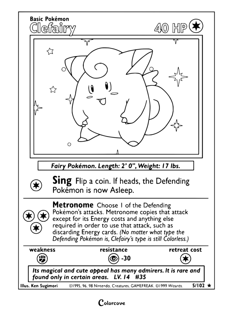 Page de coloriage de la carte Pokémon Melofée du Set de Base, 1999