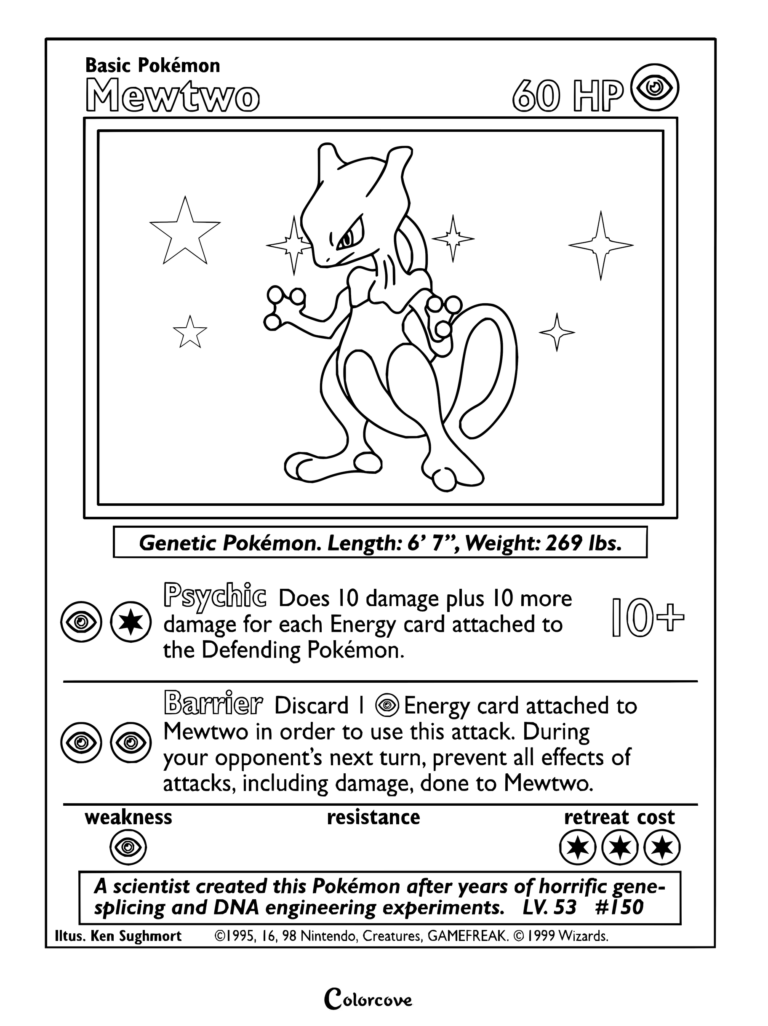 Page de coloriage de la carte Pokémon Mewtwo du Set de Base, 1999