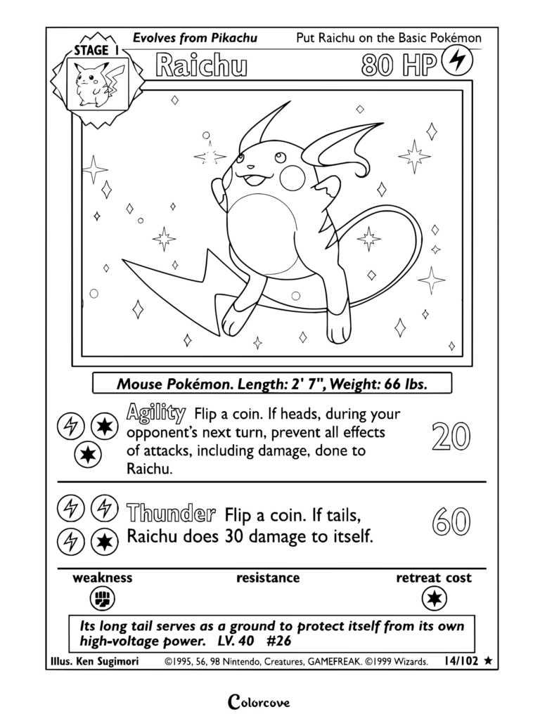 Page de coloriage de la carte Pokémon Raichu du Set de Base, 1999