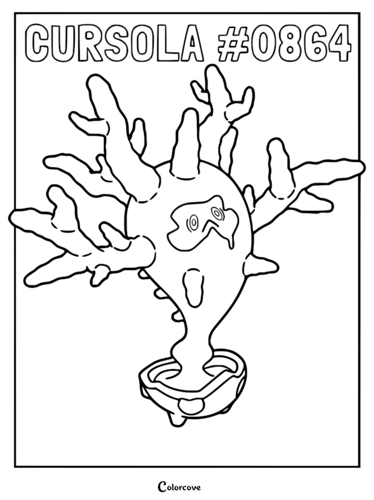 Cursola Pokemon Galar #0864 line art coloring page with branching coral limbs and haunting eyes.