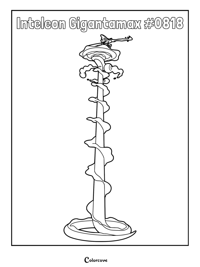 Inteleon Gigantamax perched atop a massive, swirling water column spire in a line art coloring page.