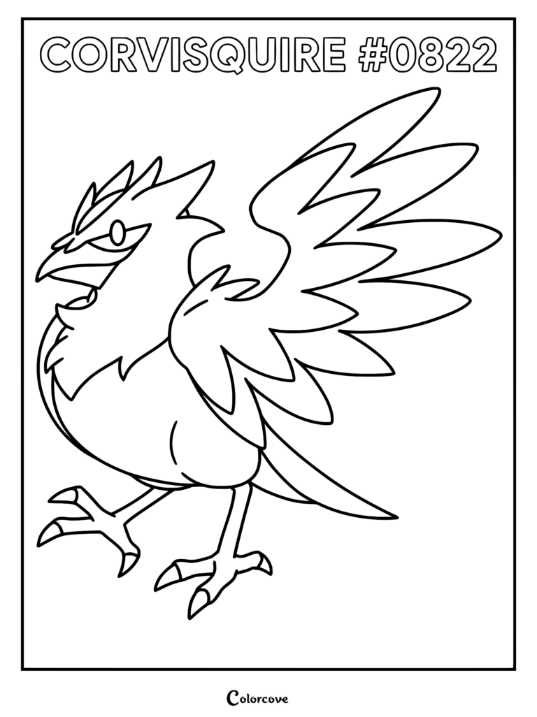 A printable black and white coloring page featuring Corvisquire, the Galar region bird Pokemon, with wings spread and sharp talons standing.